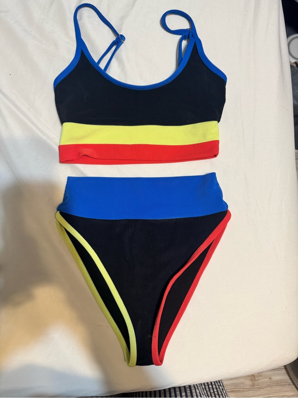 Beach Riot Black Ribbed Bikini Top with Blue, Yellow & Red Accents